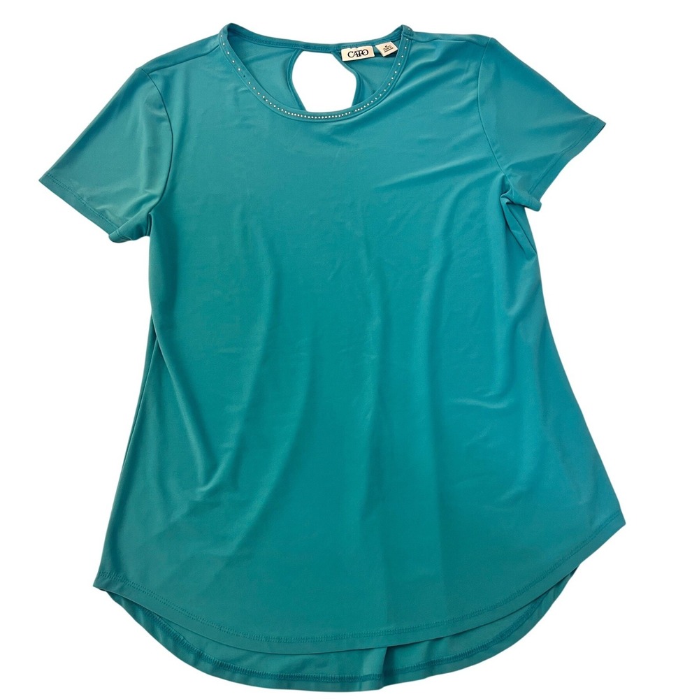 Cato Womens Teal Blue Short Sleeve Studded Keyhole Back Top Size M RN37080